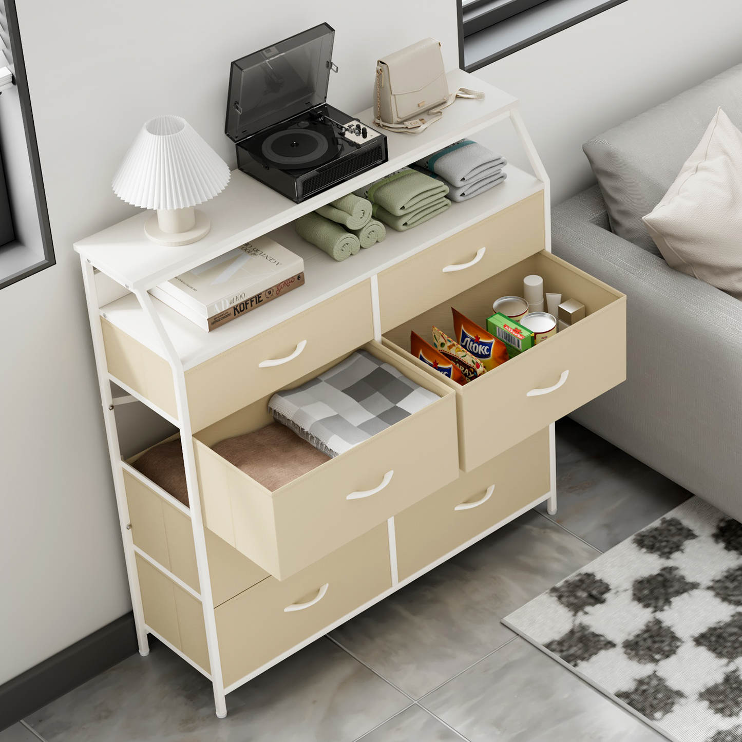 42.5" Height Dresser - 8 Fabric Drawer- Metal Frame - MDF Top