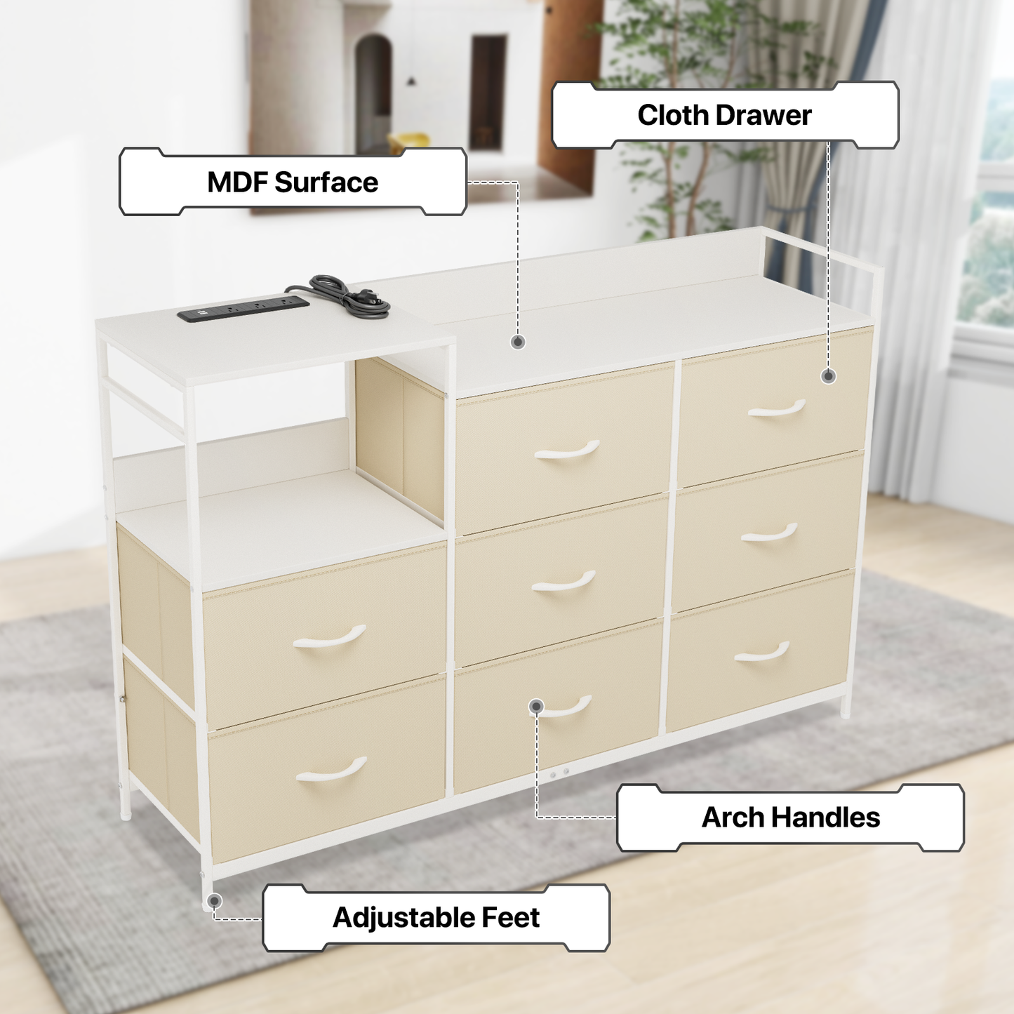 50.5" Height Dresser - 8 Fabric Drawer- Metal Frame - w/Power strip 3 Plug+2 USB Port