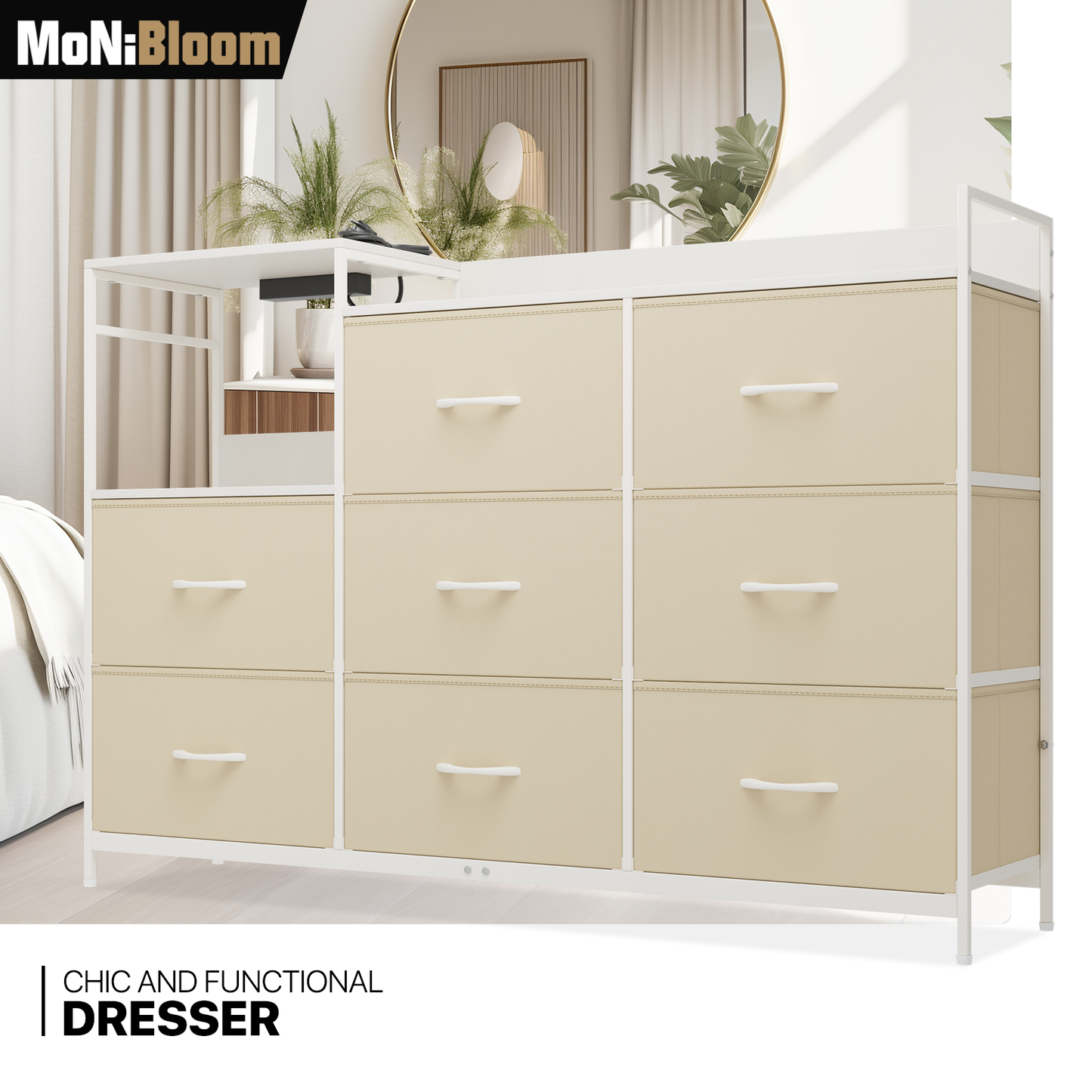 50.5" Height Dresser - 8 Fabric Drawer- Metal Frame - w/Power strip 3 Plug+2 USB Port