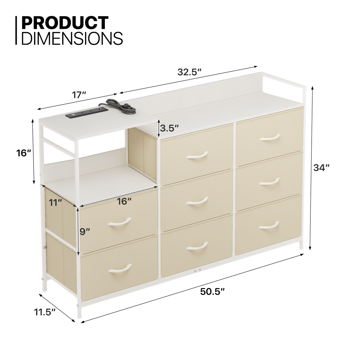 50.5" Height Dresser - 8 Fabric Drawer- Metal Frame - w/Power strip 3 Plug+2 USB Port