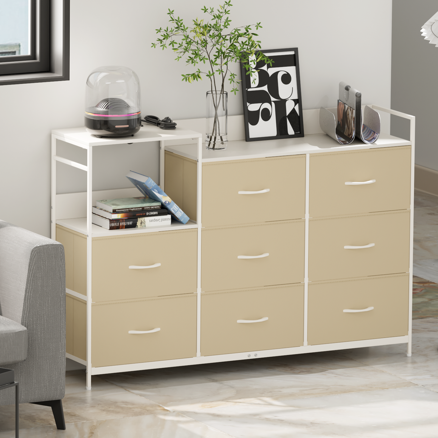 50.5" Height Dresser - 8 Fabric Drawer- Metal Frame - w/Power strip 3 Plug+2 USB Port