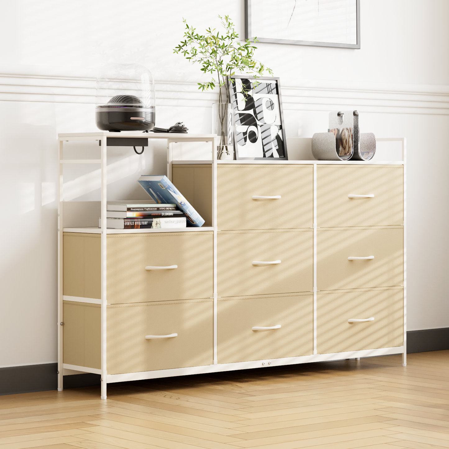 50.5" Height Dresser - 8 Fabric Drawer- Metal Frame - w/Power strip 3 Plug+2 USB Port