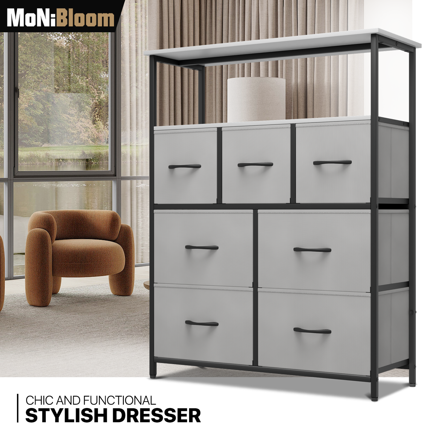 40" Height Dresser - 7 Fabric Drawer- Metal Frame - MDF Top