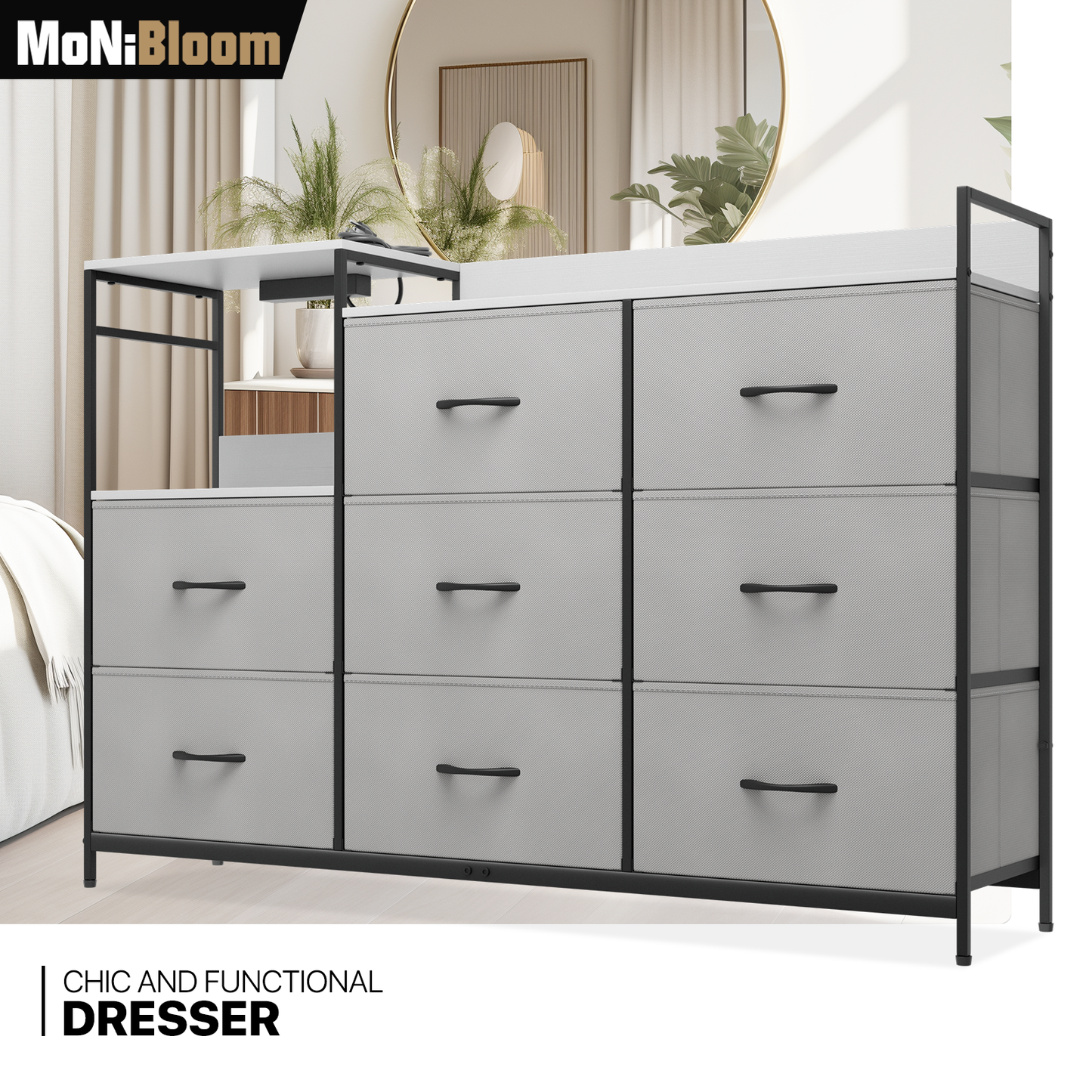 50.5" Height Dresser - 8 Fabric Drawer- Metal Frame - w/Power strip 3 Plug+2 USB Port