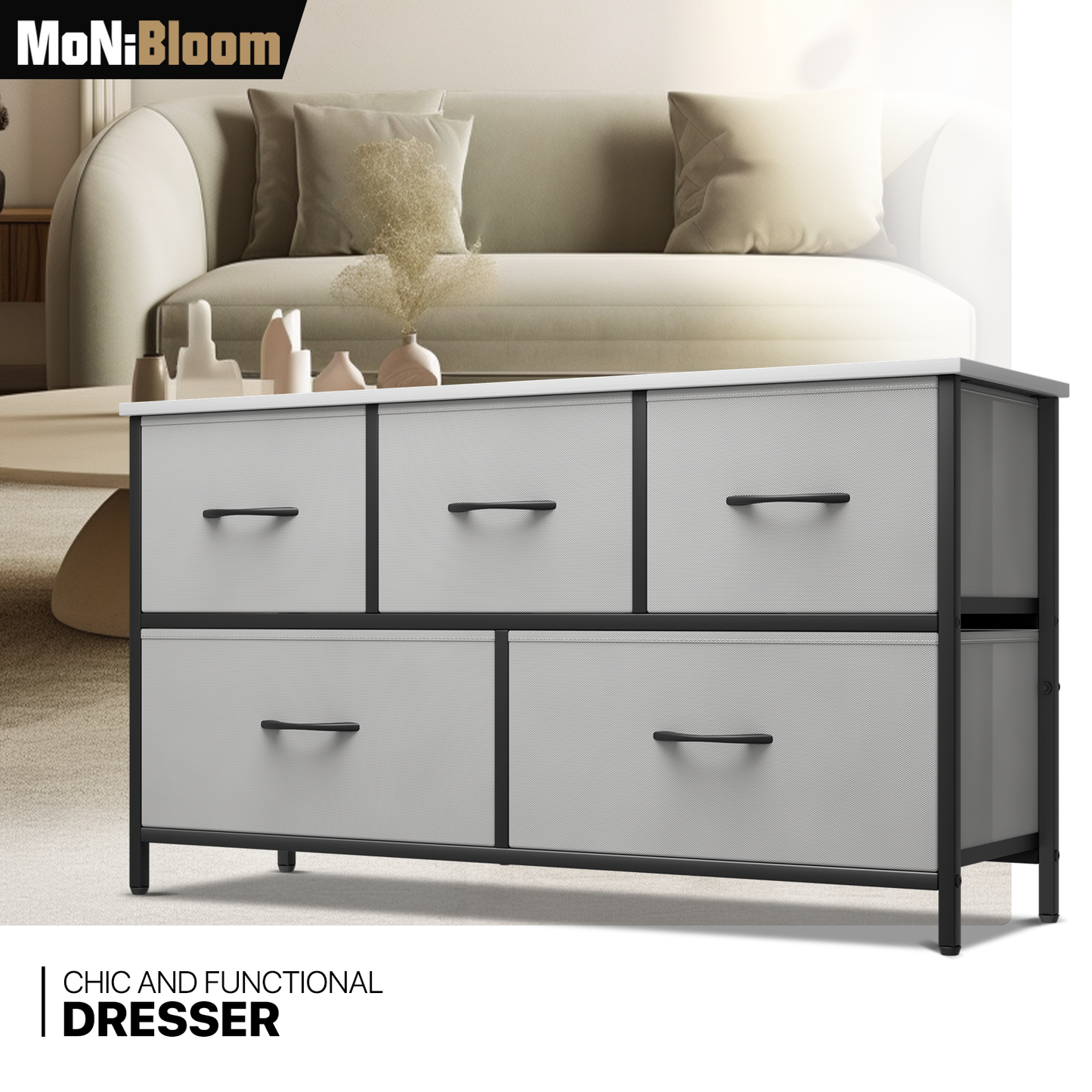 22" Height Dresser - 5 Fabric Drawer- Metal Frame - MDF Top