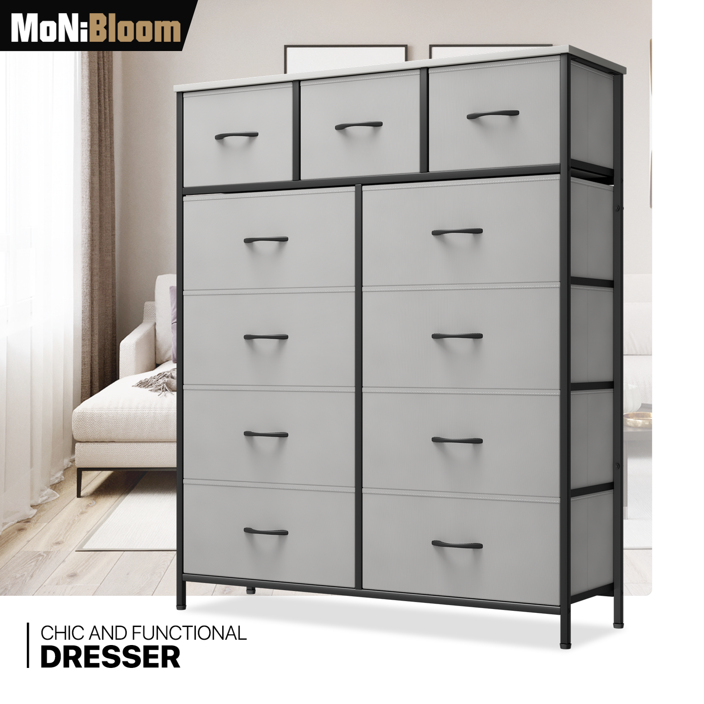 49" Height Dresser - 11 Fabric Drawer- Metal Frame - MDF Top