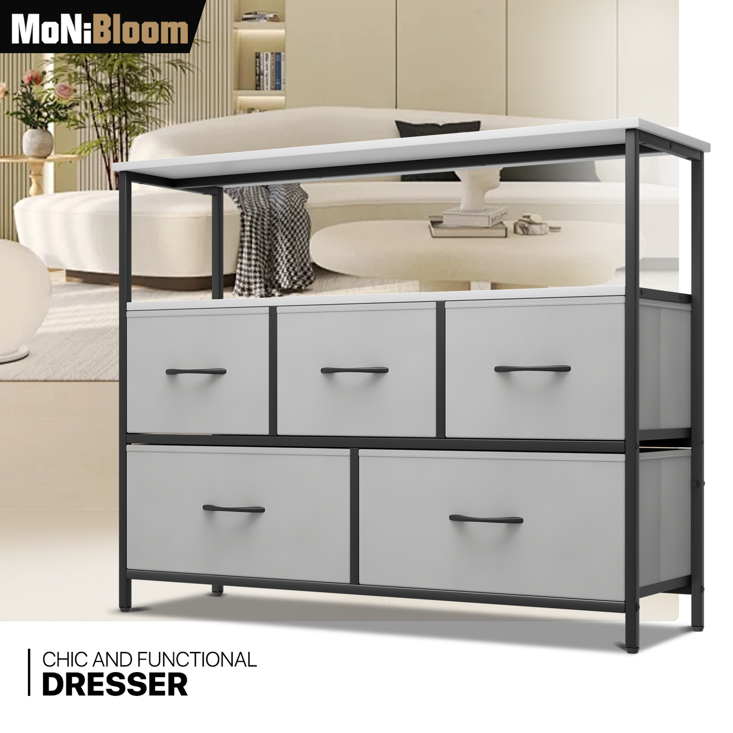 31" Height Dresser - 5 Fabric Drawer- Metal Frame - MDF Top