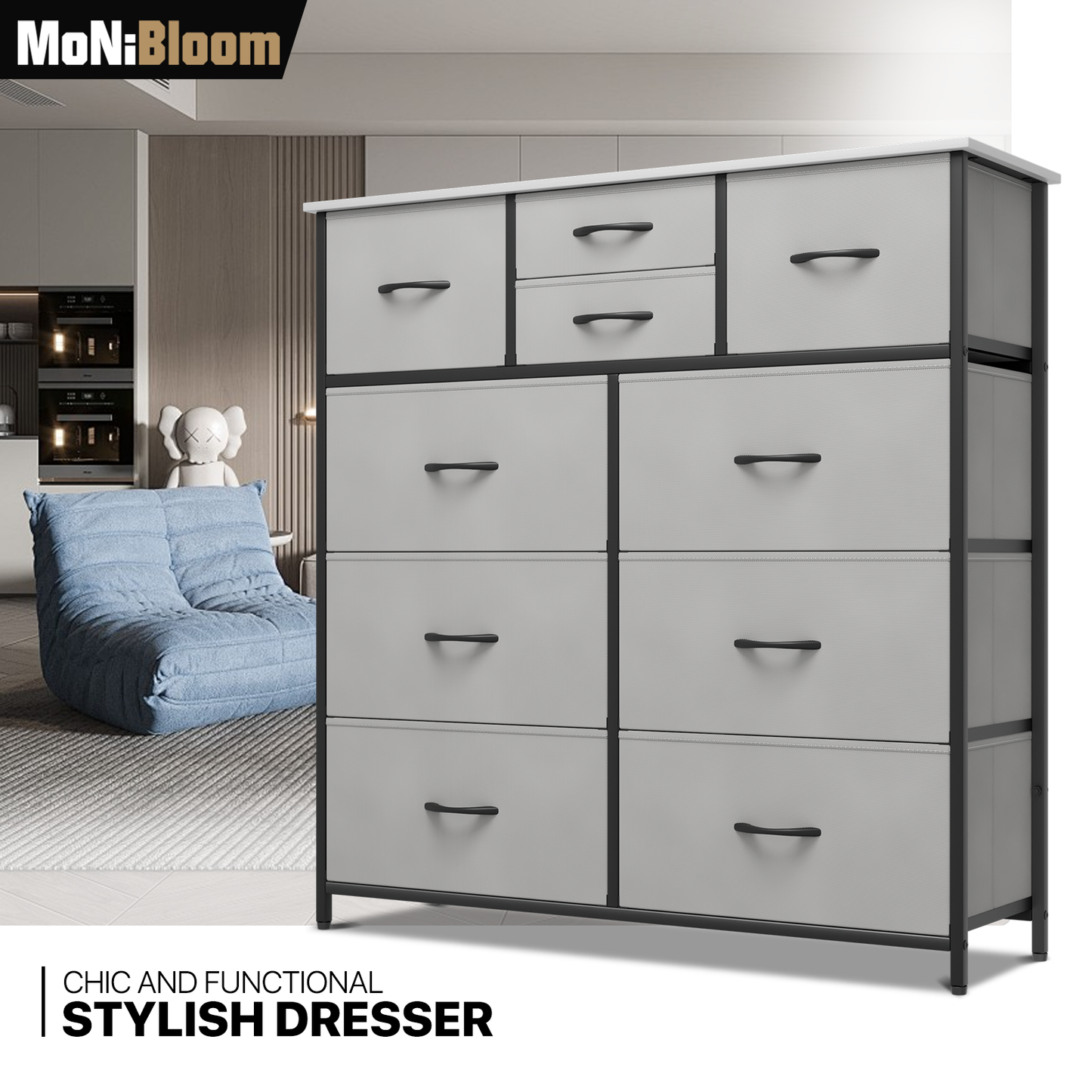 40" Height Dresser - 10 Fabric Drawer- Metal Frame - MDF Top