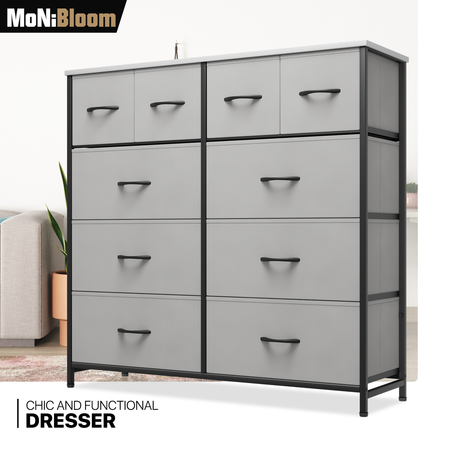 39.25" Height Dresser - 10 Fabric Drawer- Metal Frame - MDF Top