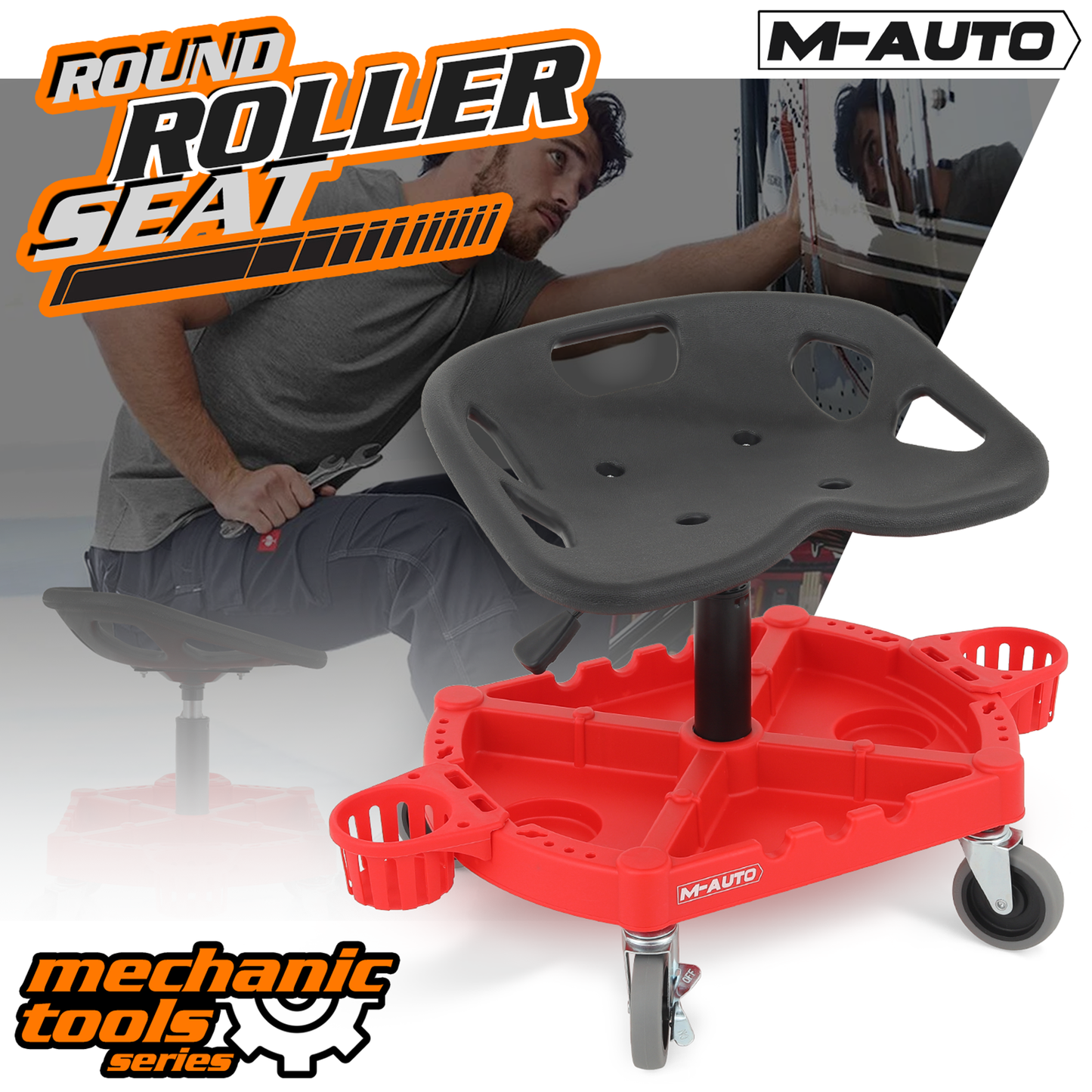 Roller Seat 300 lbs Capacity - Round - (L)19.5in. (W)15.5in. (H)5.0in. -Adjustable Height 20.0in. - 25.0in. - Built-in Tool Organizer Tray - Black / Red
