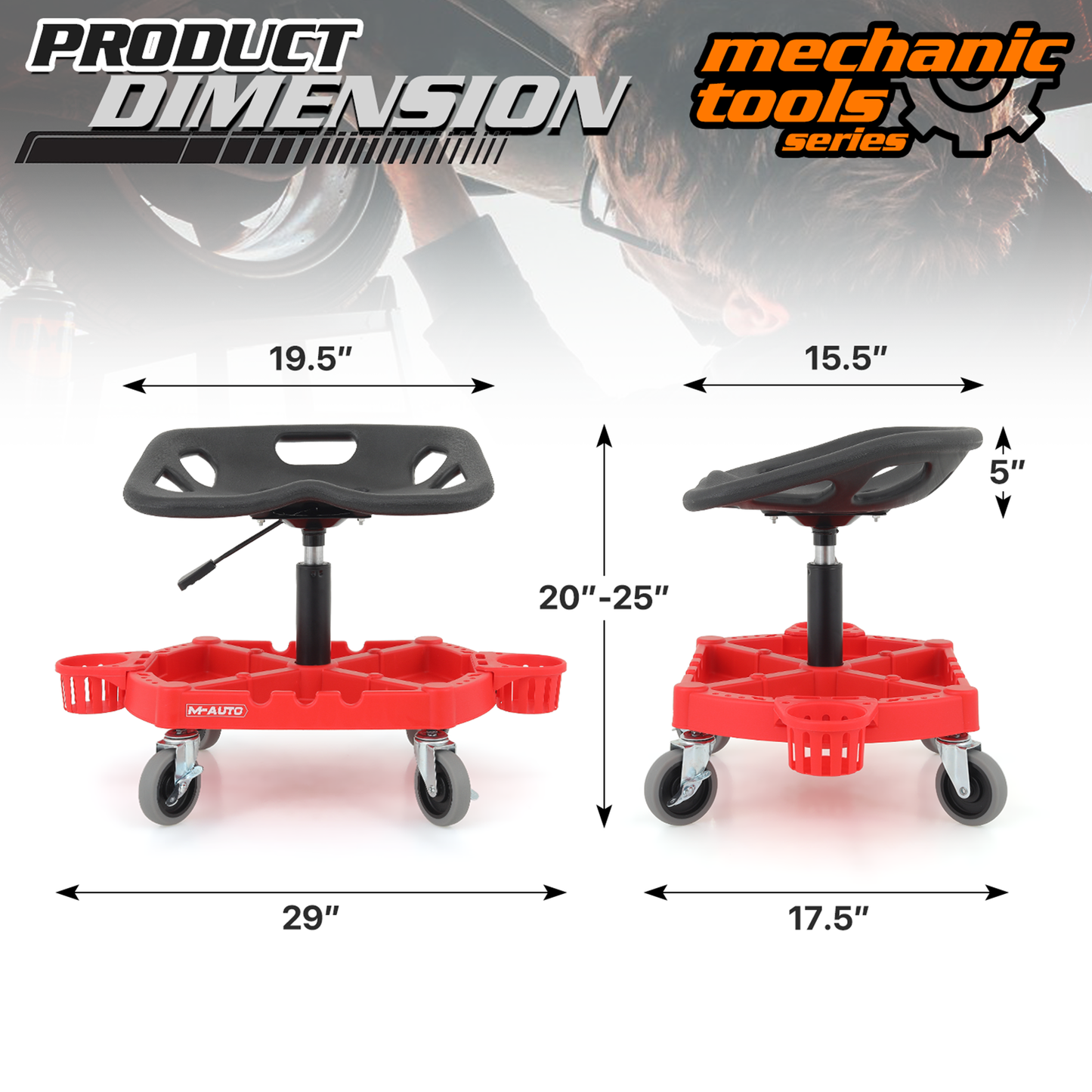 Roller Seat 300 lbs Capacity - Round - (L)19.5in. (W)15.5in. (H)5.0in. -Adjustable Height 20.0in. - 25.0in. - Built-in Tool Organizer Tray - Black / Red