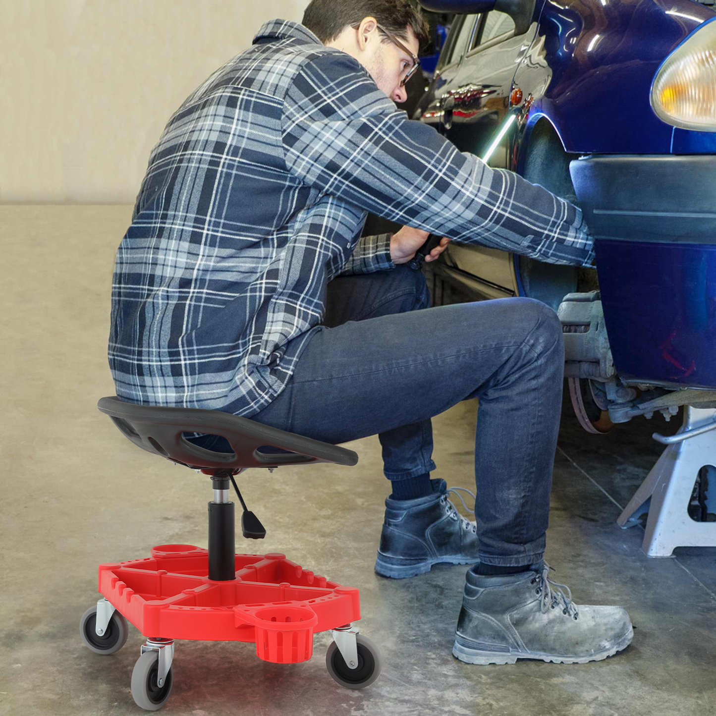 Roller Seat 300 lbs Capacity - Round - (L)19.5in. (W)15.5in. (H)5.0in. -Adjustable Height 20.0in. - 25.0in. - Built-in Tool Organizer Tray - Black / Red