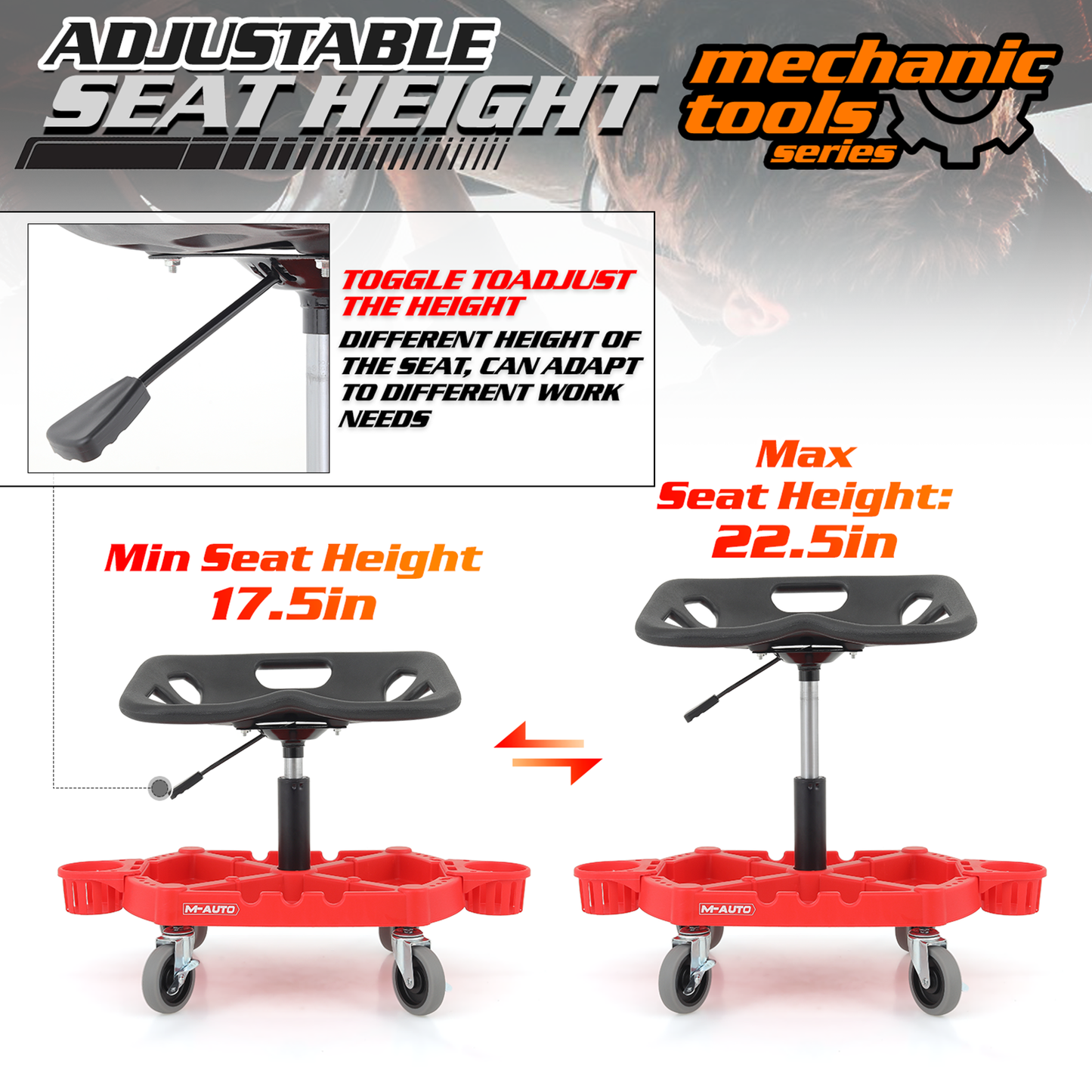 Roller Seat 300 lbs Capacity - Round - (L)19.5in. (W)15.5in. (H)5.0in. -Adjustable Height 20.0in. - 25.0in. - Built-in Tool Organizer Tray - Black / Red