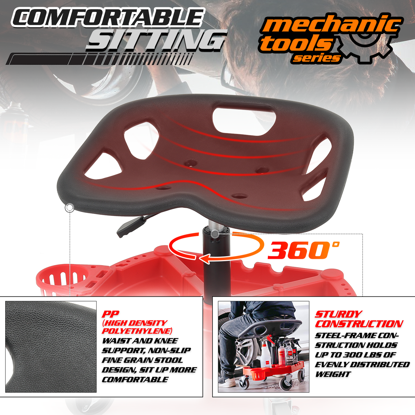 Roller Seat 300 lbs Capacity - Round - (L)19.5in. (W)15.5in. (H)5.0in. -Adjustable Height 20.0in. - 25.0in. - Built-in Tool Organizer Tray - Black / Red