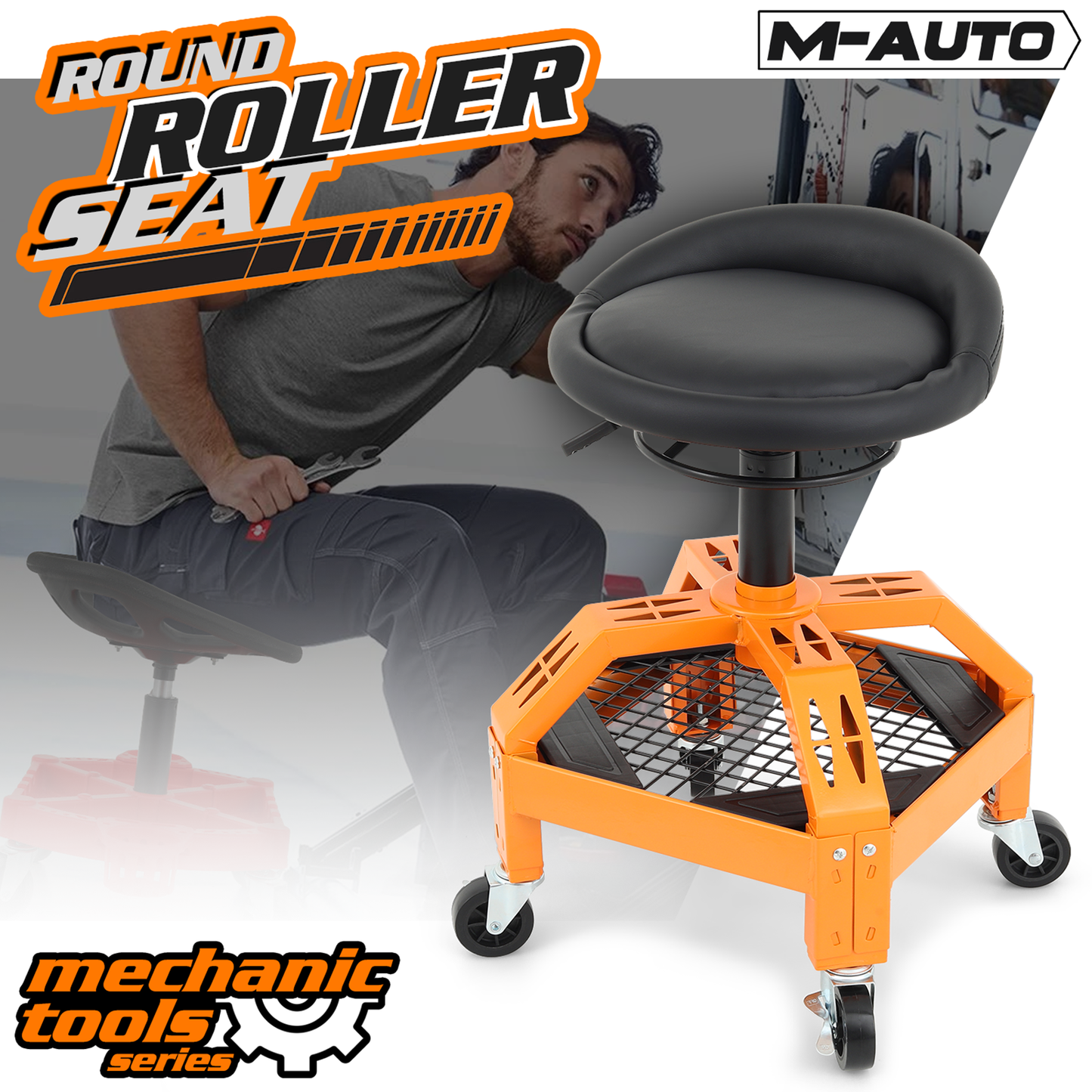 Roller Seat 300 lbs Capacity - Round - (L)15.5in. (W)16.0in. (H)4.5in. -Adjustable Height 25.5in. - 30.5in. - Built-in Tool Organizer Tray