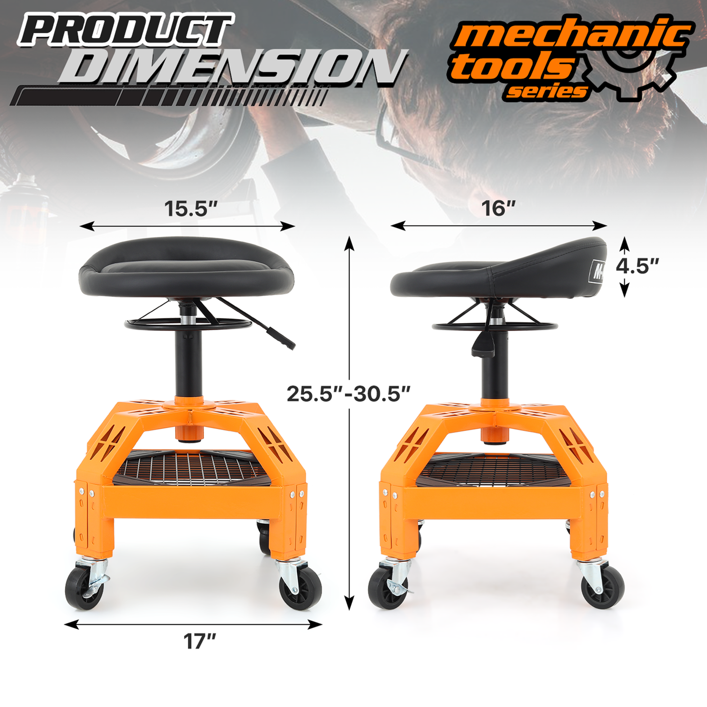 Roller Seat 300 lbs Capacity - Round - (L)15.5in. (W)16.0in. (H)4.5in. -Adjustable Height 25.5in. - 30.5in. - Built-in Tool Organizer Tray