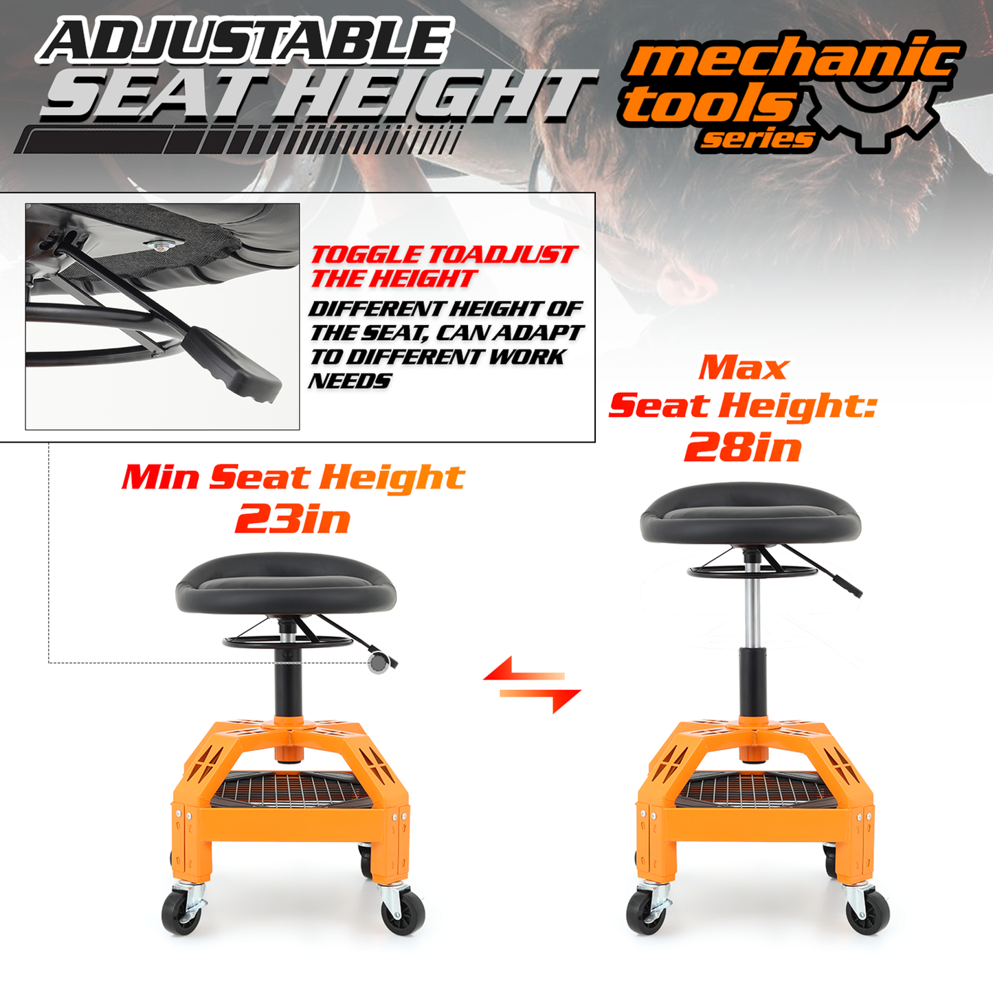 Roller Seat 300 lbs Capacity - Round - (L)15.5in. (W)16.0in. (H)4.5in. -Adjustable Height 25.5in. - 30.5in. - Built-in Tool Organizer Tray