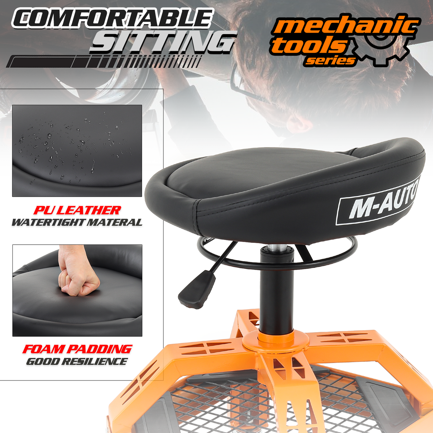 Roller Seat 300 lbs Capacity - Round - (L)15.5in. (W)16.0in. (H)4.5in. -Adjustable Height 25.5in. - 30.5in. - Built-in Tool Organizer Tray