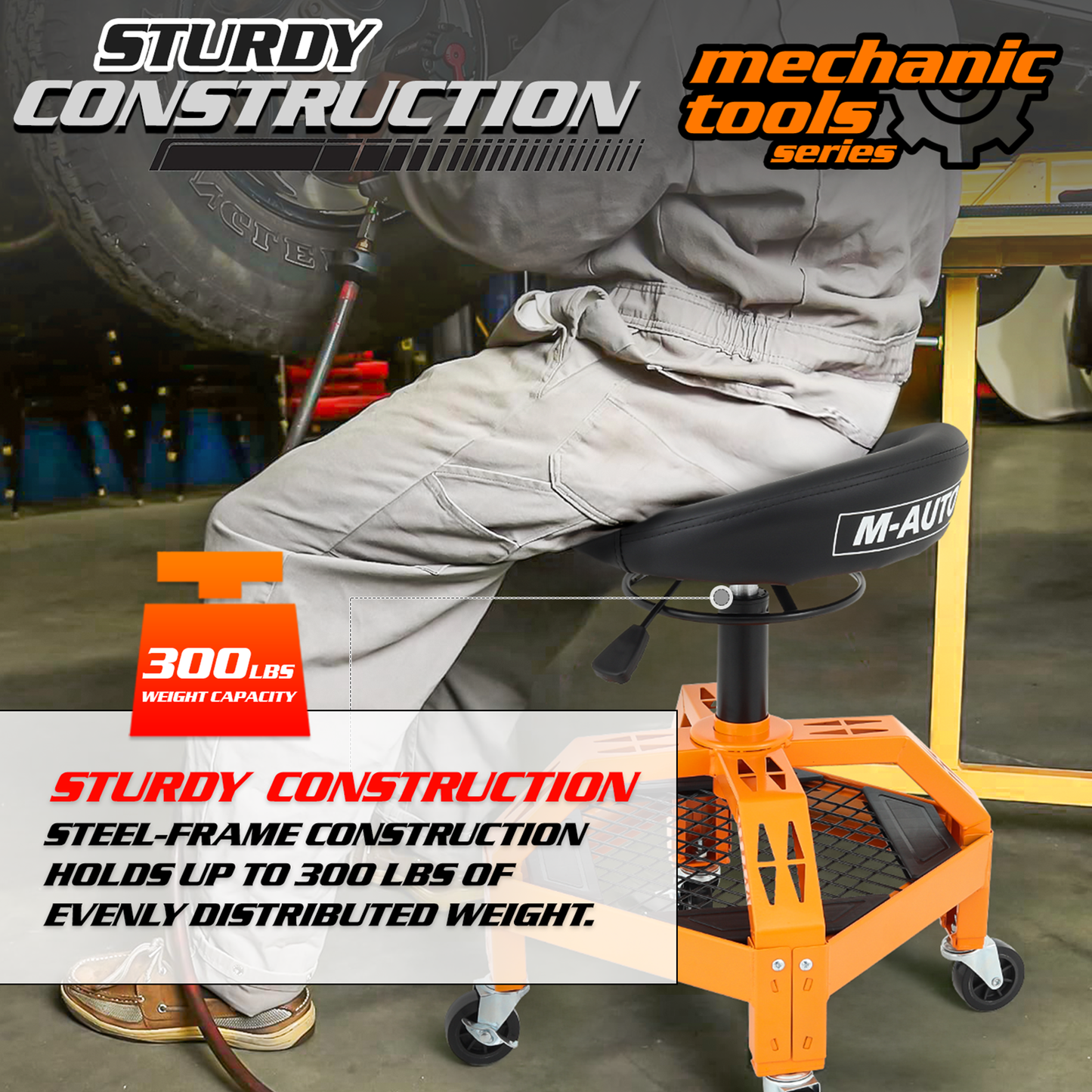 Roller Seat 300 lbs Capacity - Round - (L)15.5in. (W)16.0in. (H)4.5in. -Adjustable Height 25.5in. - 30.5in. - Built-in Tool Organizer Tray
