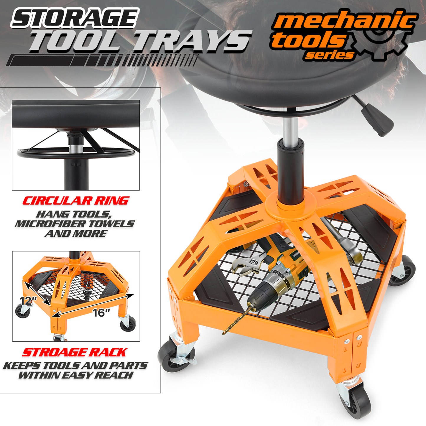 Roller Seat 300 lbs Capacity - Round - (L)15.5in. (W)16.0in. (H)4.5in. -Adjustable Height 25.5in. - 30.5in. - Built-in Tool Organizer Tray