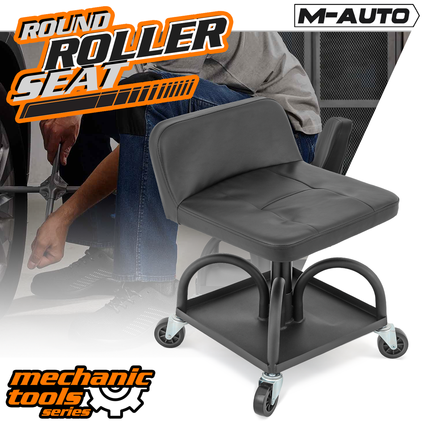 Roller Seat 300 lbs Capacity - (L)16.0in. (W)13.5in. (H)8.0in. - Rectangular - Adjustable Height 22.0in. - 27.0in. - Built-in Rectangular Tray - Black