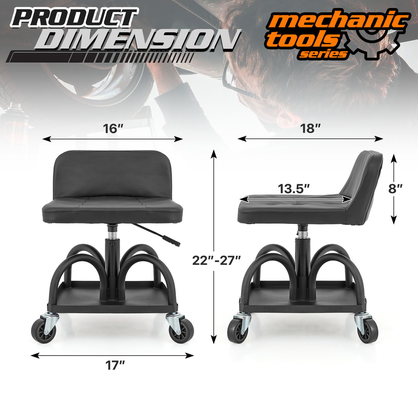 Roller Seat 300 lbs Capacity - (L)16.0in. (W)13.5in. (H)8.0in. - Rectangular - Adjustable Height 22.0in. - 27.0in. - Built-in Rectangular Tray - Black