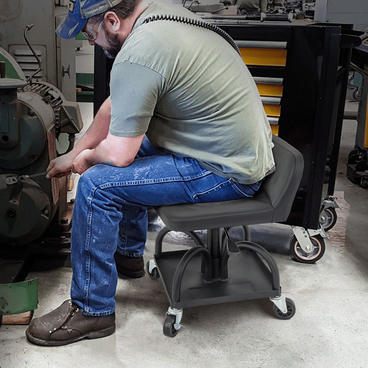 Roller Seat 300 lbs Capacity - (L)16.0in. (W)13.5in. (H)8.0in. - Rectangular - Adjustable Height 22.0in. - 27.0in. - Built-in Rectangular Tray - Black
