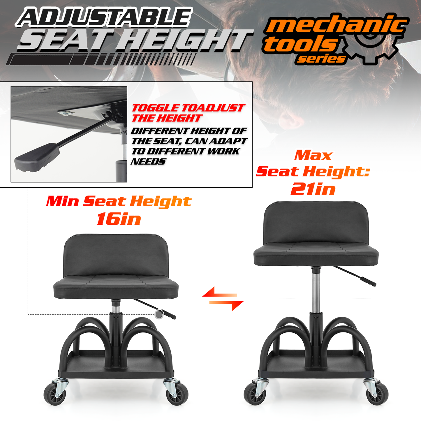 Roller Seat 300 lbs Capacity - (L)16.0in. (W)13.5in. (H)8.0in. - Rectangular - Adjustable Height 22.0in. - 27.0in. - Built-in Rectangular Tray - Black