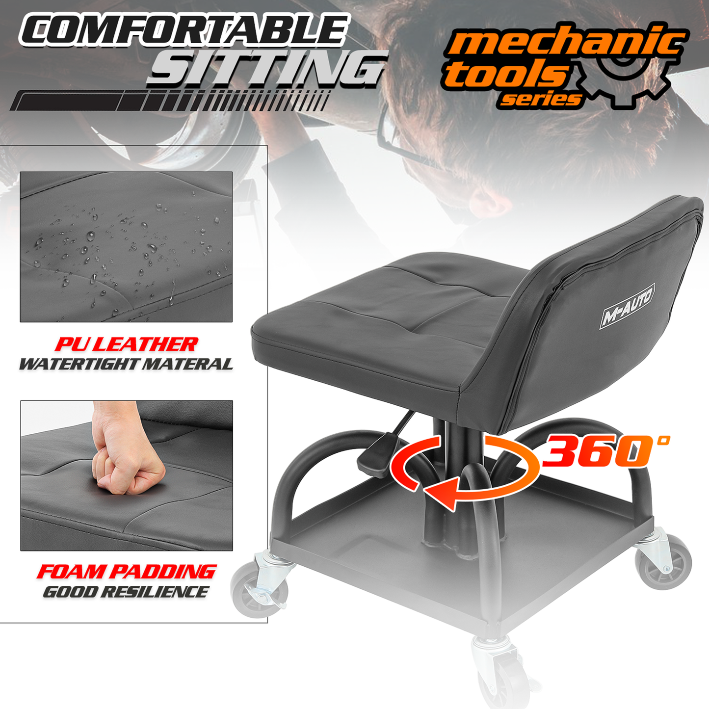 Roller Seat 300 lbs Capacity - (L)16.0in. (W)13.5in. (H)8.0in. - Rectangular - Adjustable Height 22.0in. - 27.0in. - Built-in Rectangular Tray - Black