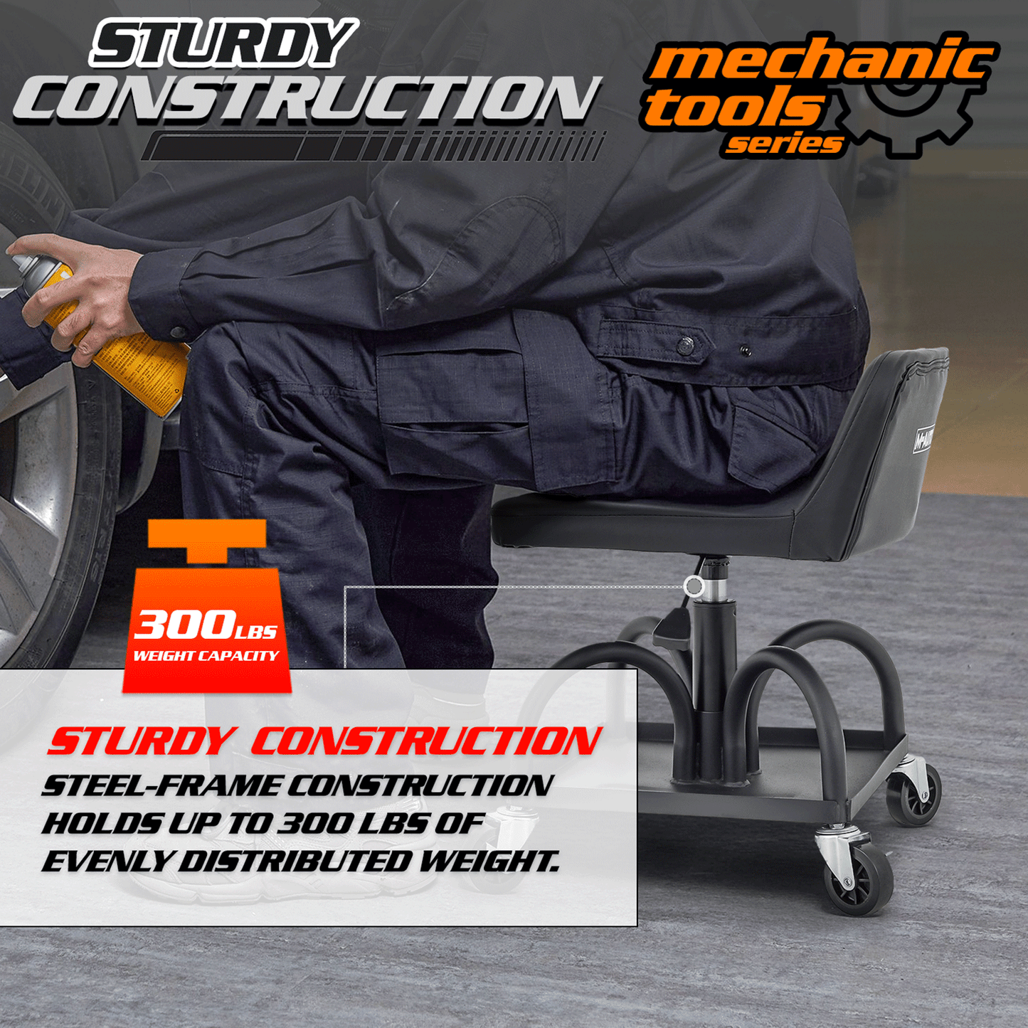 Roller Seat 300 lbs Capacity - (L)16.0in. (W)13.5in. (H)8.0in. - Rectangular - Adjustable Height 22.0in. - 27.0in. - Built-in Rectangular Tray - Black