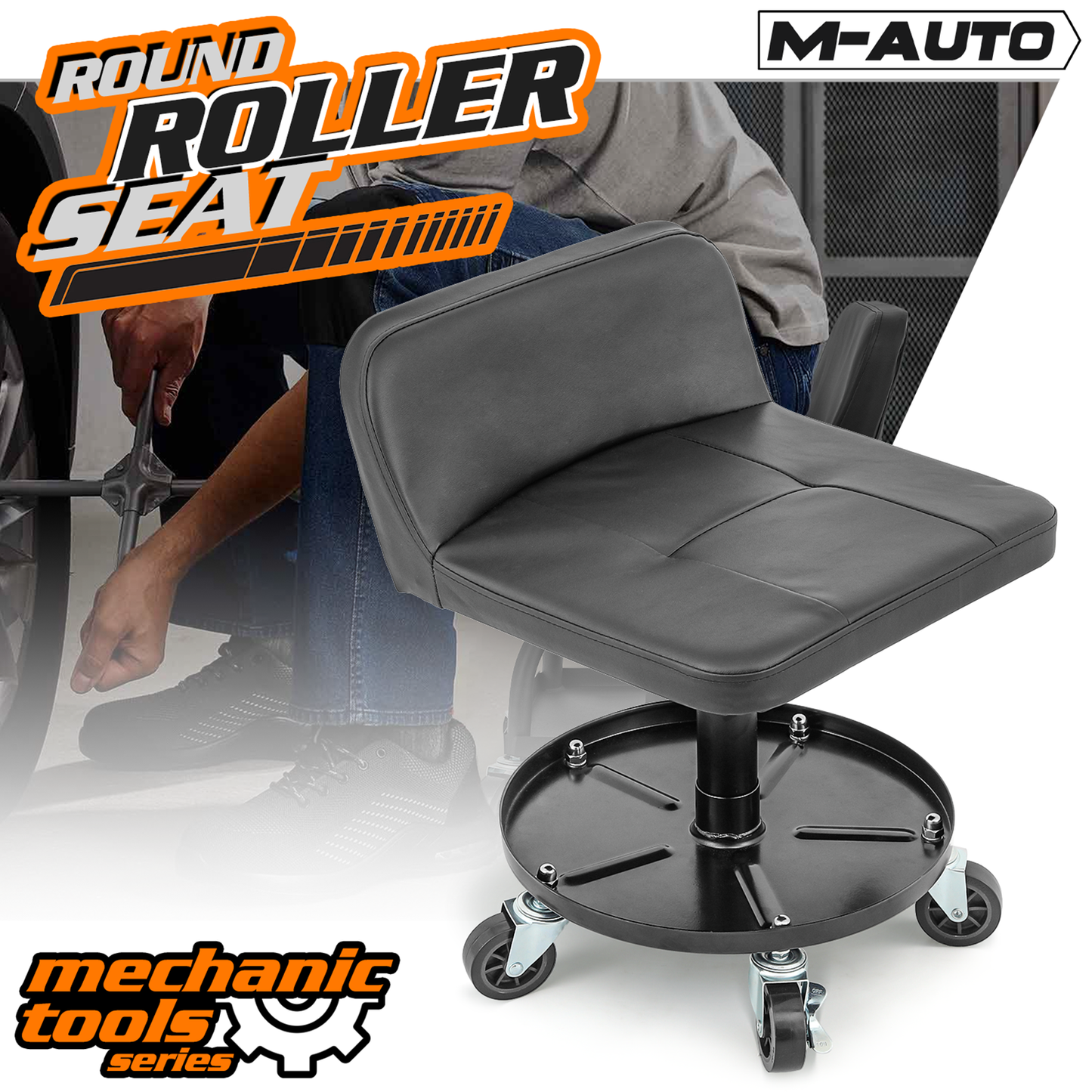 Roller Seat 300 lbs Capacity - (L)16.0in. (W)14.5in. (H)9.0in. - Rectangular - Adjustable Height 21.5in. - 27.0in. - Built-in Round Tray - Black