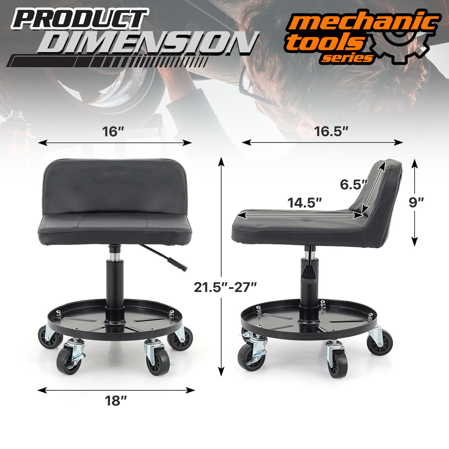 Roller Seat 300 lbs Capacity - (L)16.0in. (W)14.5in. (H)9.0in. - Rectangular - Adjustable Height 21.5in. - 27.0in. - Built-in Round Tray - Black