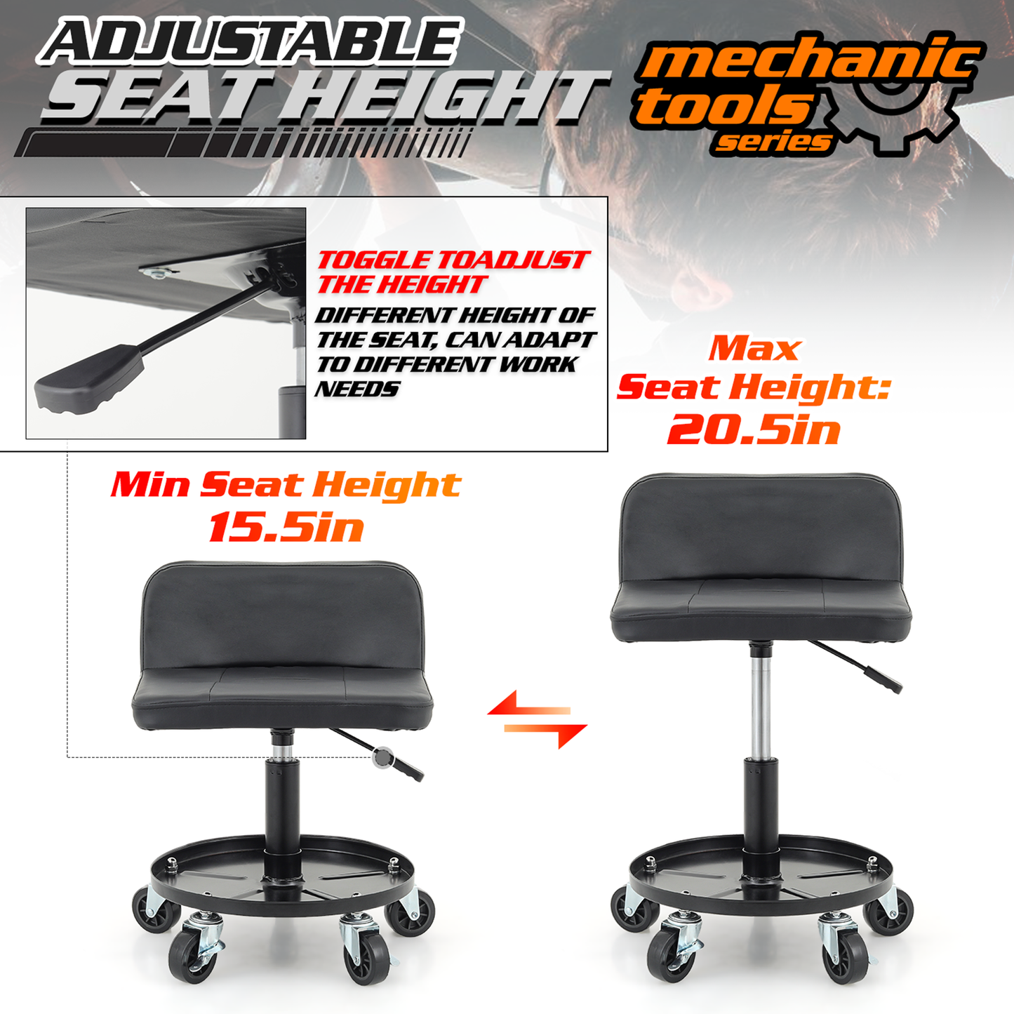 Roller Seat 300 lbs Capacity - (L)16.0in. (W)14.5in. (H)9.0in. - Rectangular - Adjustable Height 21.5in. - 27.0in. - Built-in Round Tray - Black