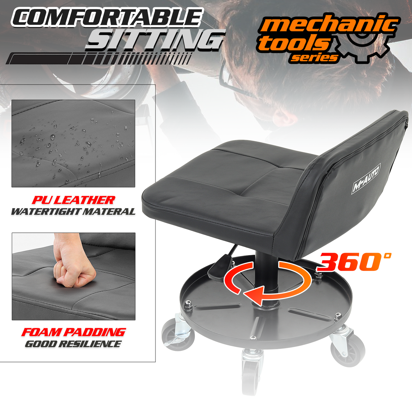 Roller Seat 300 lbs Capacity - (L)16.0in. (W)14.5in. (H)9.0in. - Rectangular - Adjustable Height 21.5in. - 27.0in. - Built-in Round Tray - Black