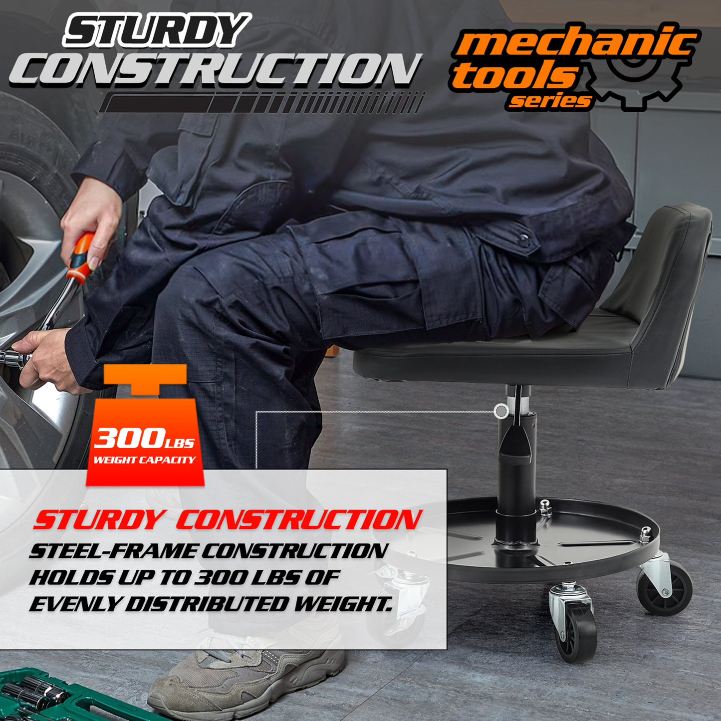 Roller Seat 300 lbs Capacity - (L)16.0in. (W)14.5in. (H)9.0in. - Rectangular - Adjustable Height 21.5in. - 27.0in. - Built-in Round Tray - Black