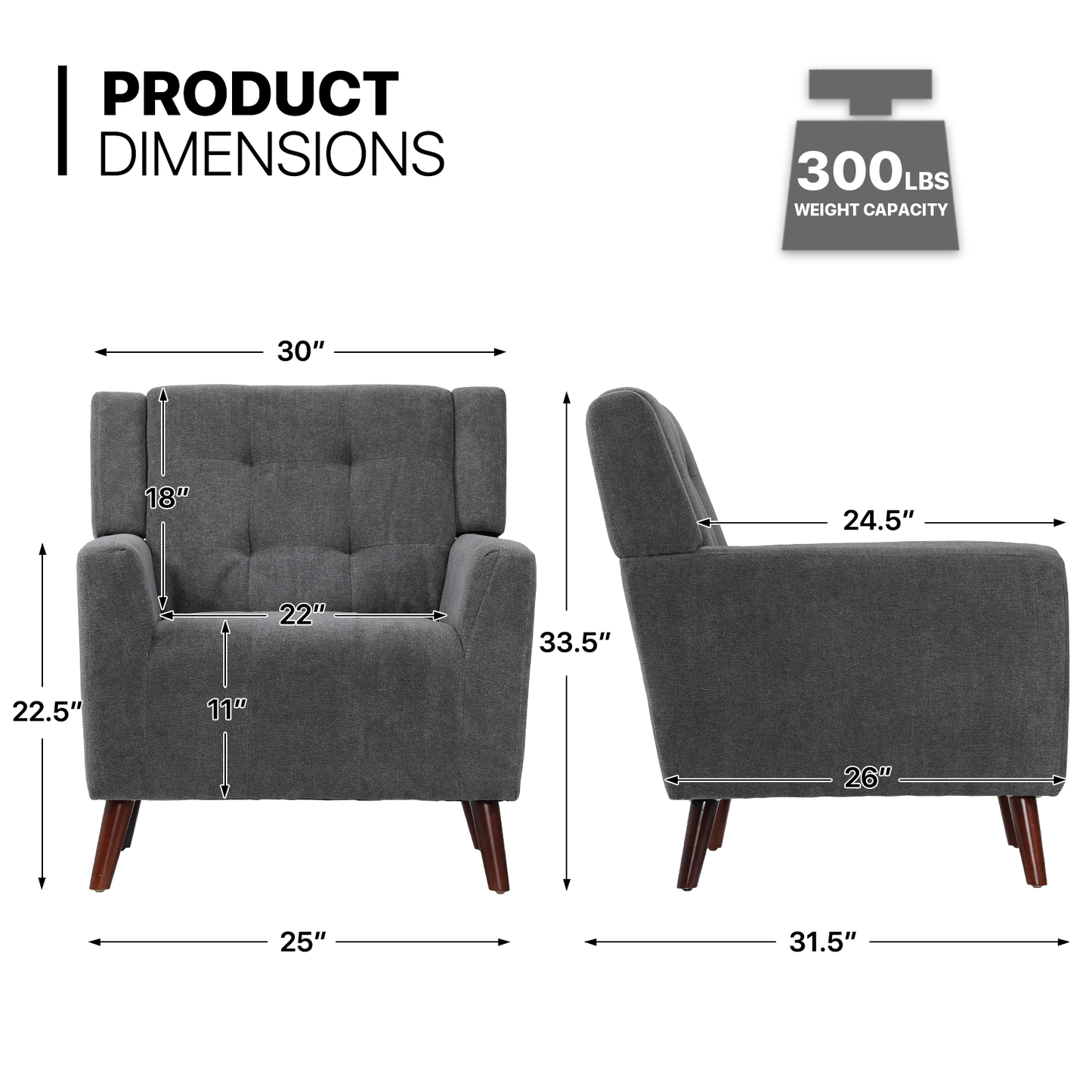 Arm Chair 300 lbs Capacity - (L)30.0in. (W)31.5in. (H)33.5in.