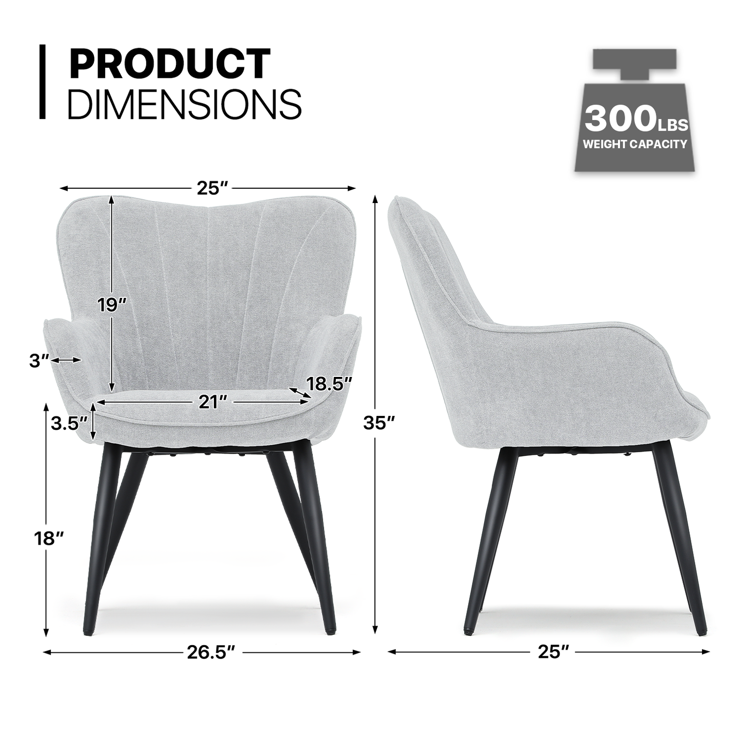 2 pcs Accent Chair 300 lbs Capacity - Shell Shape - Cotton-linen - (L)26.5in. (W)25.0in. (H)35.0in. - Lava Gray