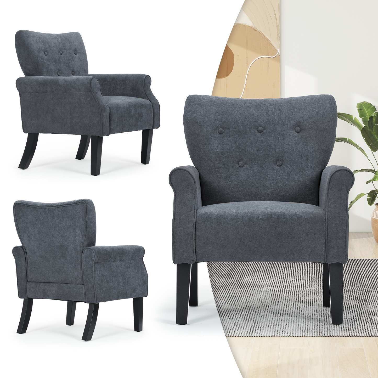 Arm Chair 300lbs Capacity - Tufted Back - Cotton-linen - (L)27.5in. (W)29.0in. (H)37.0in.