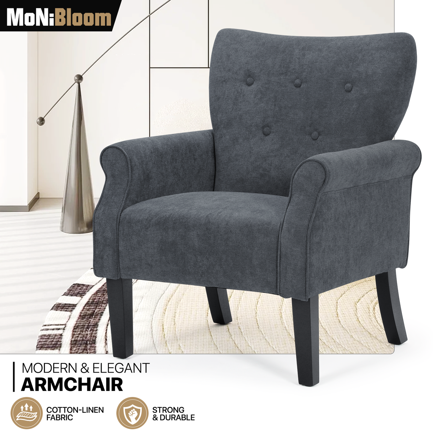 Arm Chair 300lbs Capacity - Tufted Back - Cotton-linen - (L)27.5in. (W)29.0in. (H)37.0in.