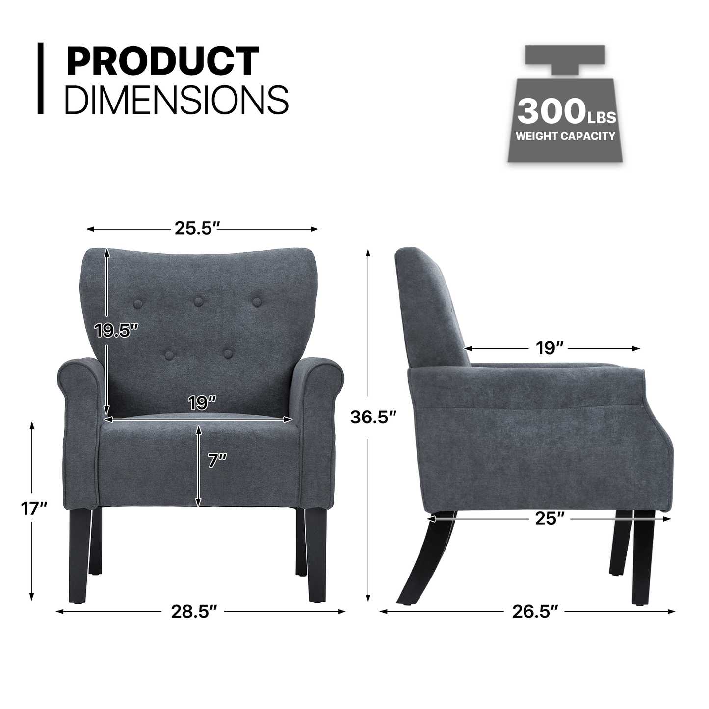 Arm Chair 300lbs Capacity - Tufted Back - Cotton-linen - (L)27.5in. (W)29.0in. (H)37.0in.