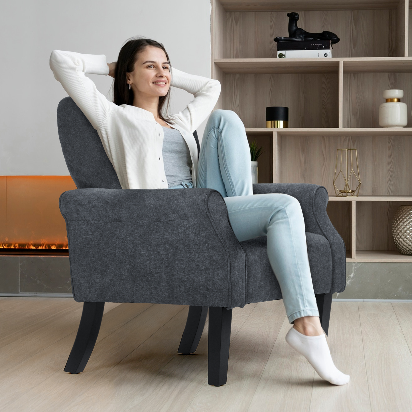 Arm Chair 300lbs Capacity - Tufted Back - Cotton-linen - (L)27.5in. (W)29.0in. (H)37.0in.