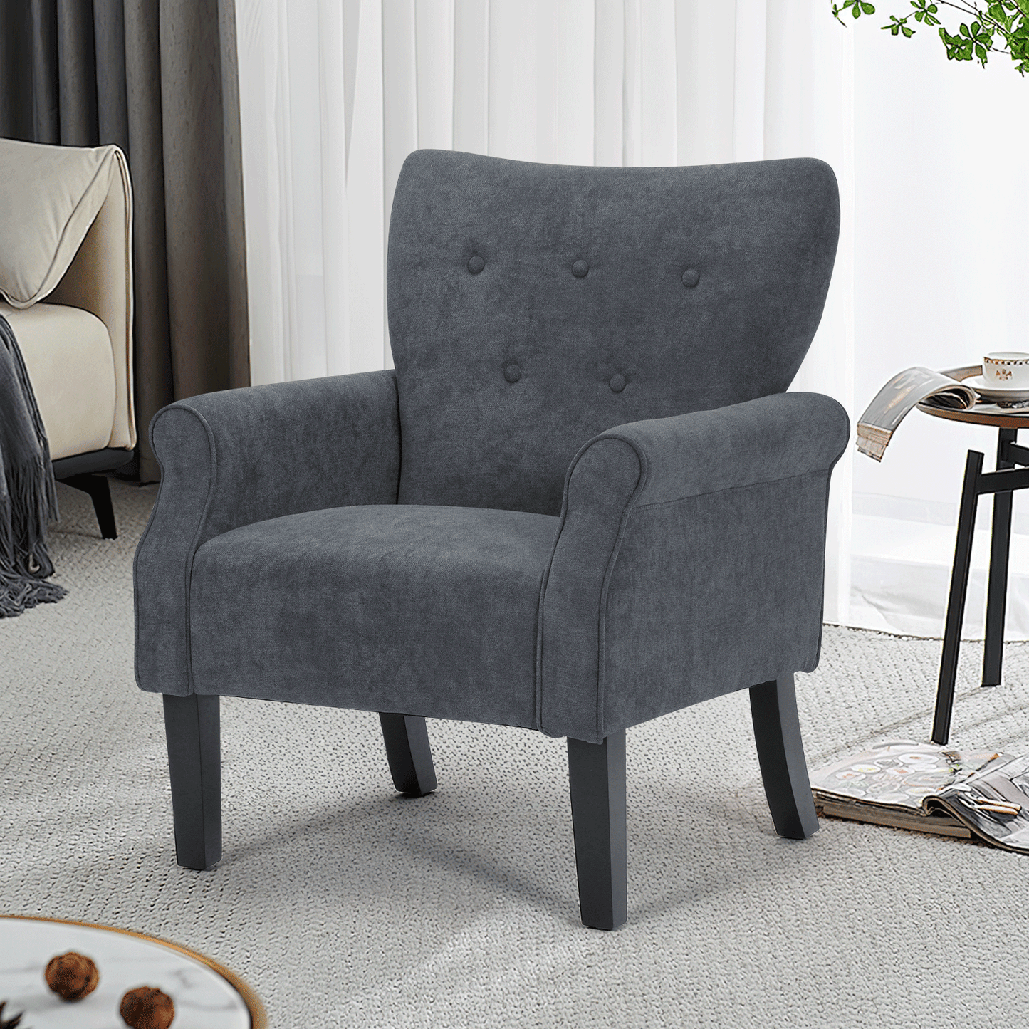Arm Chair 300lbs Capacity - Tufted Back - Cotton-linen - (L)27.5in. (W)29.0in. (H)37.0in.