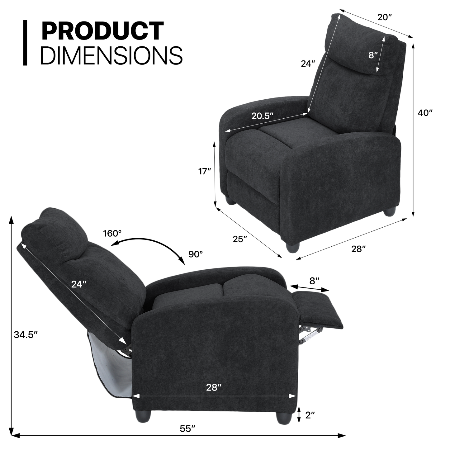 Adjustable Recliner Chair 300 lbs Capacity - 90¡ã-160¡ã - Cotton-linen - (L)28.0in. (W)25.0in. (H)40in.