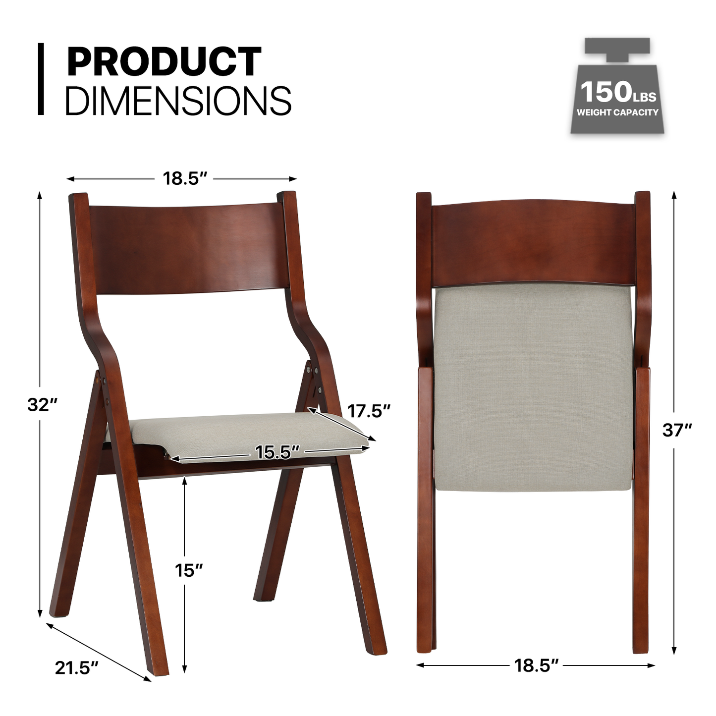 2 pcs Fodable Chair 150 lbs Capacity - (L)17.5in. (W)15.5in. (H)32.0in.