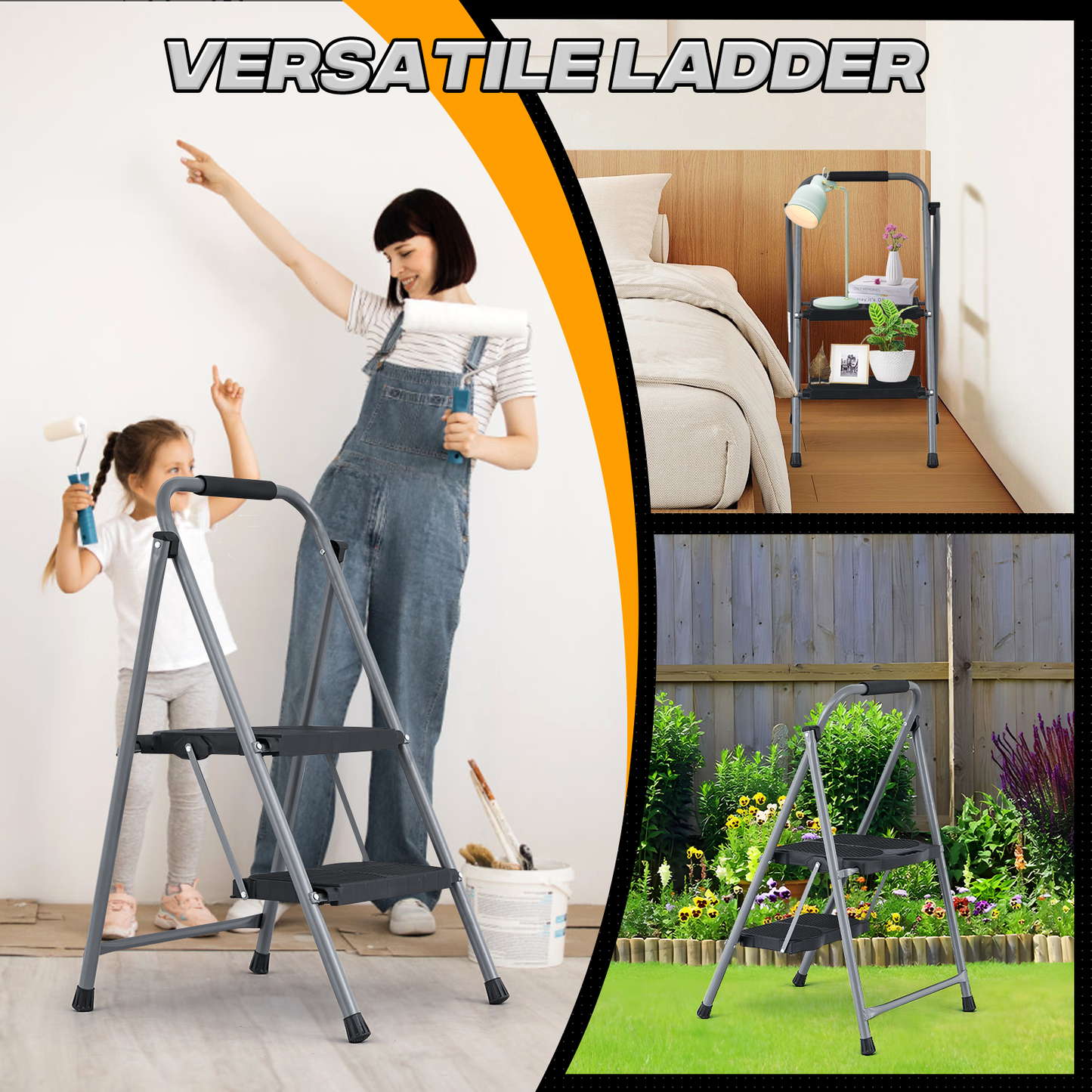 Step Ladder-2 Step-35"Height - Black,with Anti Slip Pedal  - Iron+PP