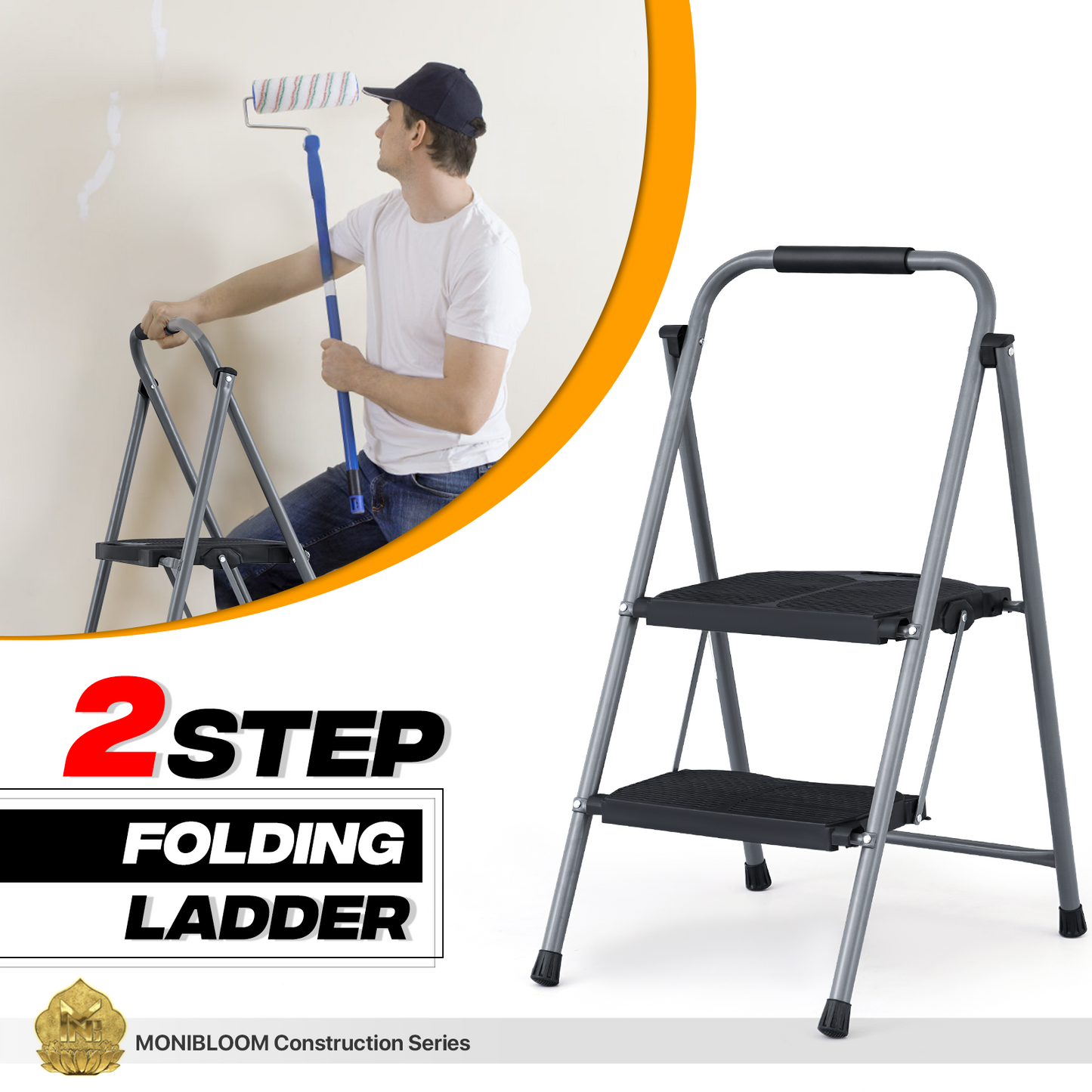 Step Ladder-2 Step-35"Height - Black,with Anti Slip Pedal  - Iron+PP