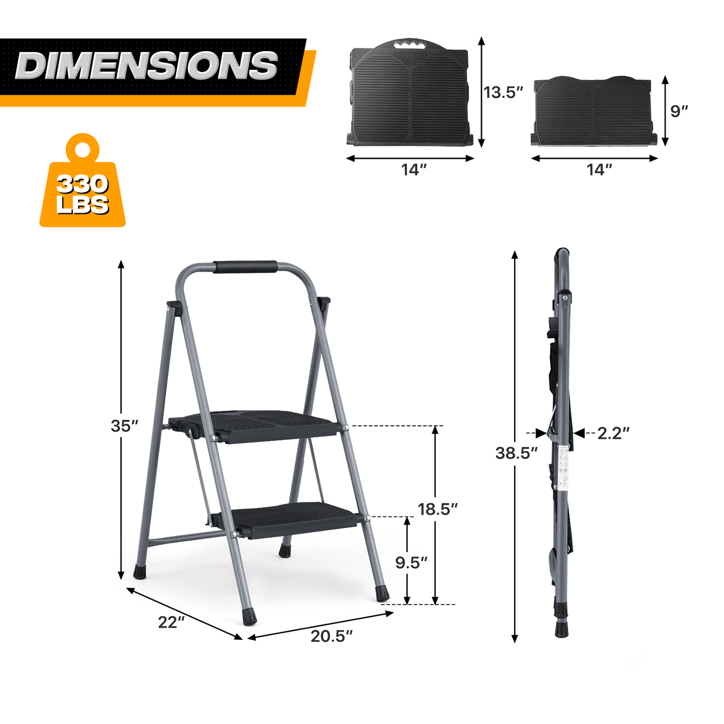 Step Ladder-2 Step-35"Height - Black,with Anti Slip Pedal  - Iron+PP
