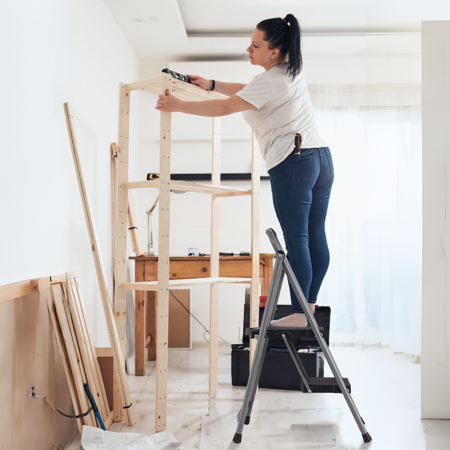 Step Ladder-2 Step-35"Height - Black,with Anti Slip Pedal  - Iron+PP