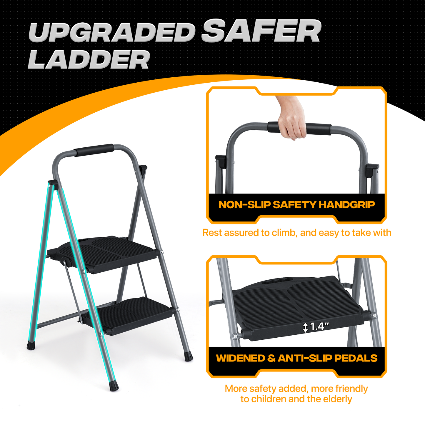 Step Ladder-2 Step-35"Height - Black,with Anti Slip Pedal  - Iron+PP