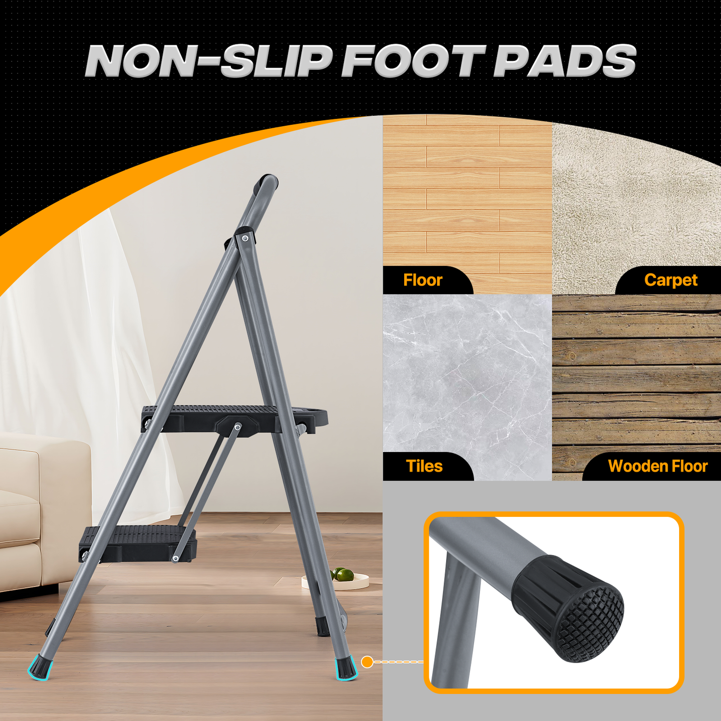 Step Ladder-2 Step-35"Height - Black,with Anti Slip Pedal  - Iron+PP